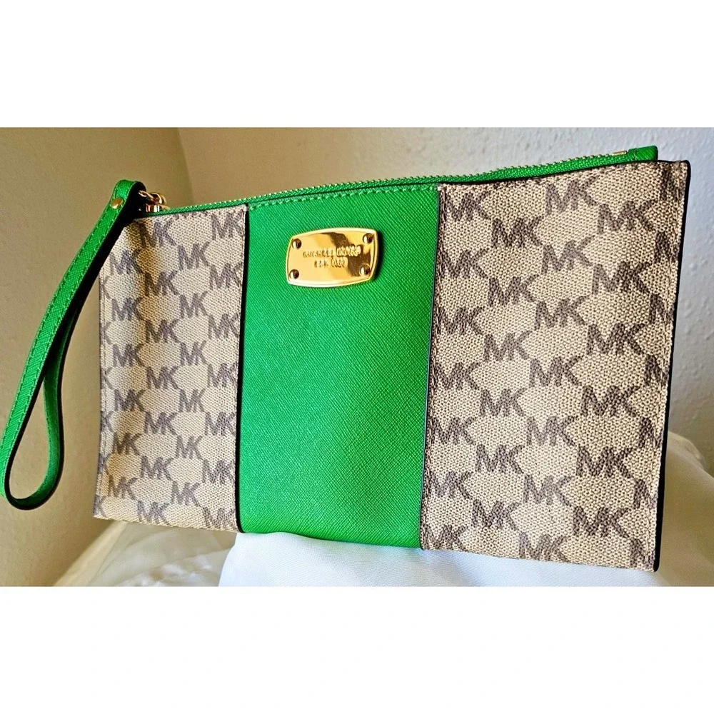 Michael Kors Jet Set LARGE Wristlet/Clutch Green with Beige MK Monogram, 10x5.5
